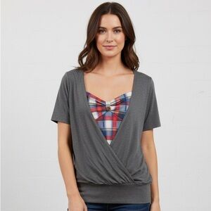 ★ Boutique Plaid Insert Surplice Top Gray Short Sleeve Blouse XL